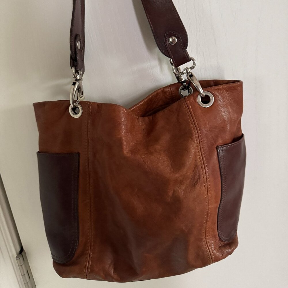 Christina Pell Italian SOFT  2-Tone Brown Leather Shoulder Tote Handbag Mint Con